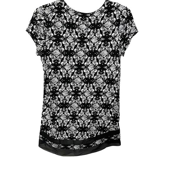 ANNE KLEIN CAP SLV, V-NECK, PULL-OVER BLOUSE, WOMENS, M-BLACK/WHITE ABSTR, TULLE - Picture 4 of 12